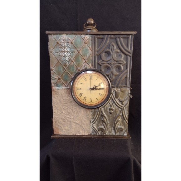 Rustic Metal Standing Mantel Clock, Cabinet Battery Operated Works - Picture 1 of 5